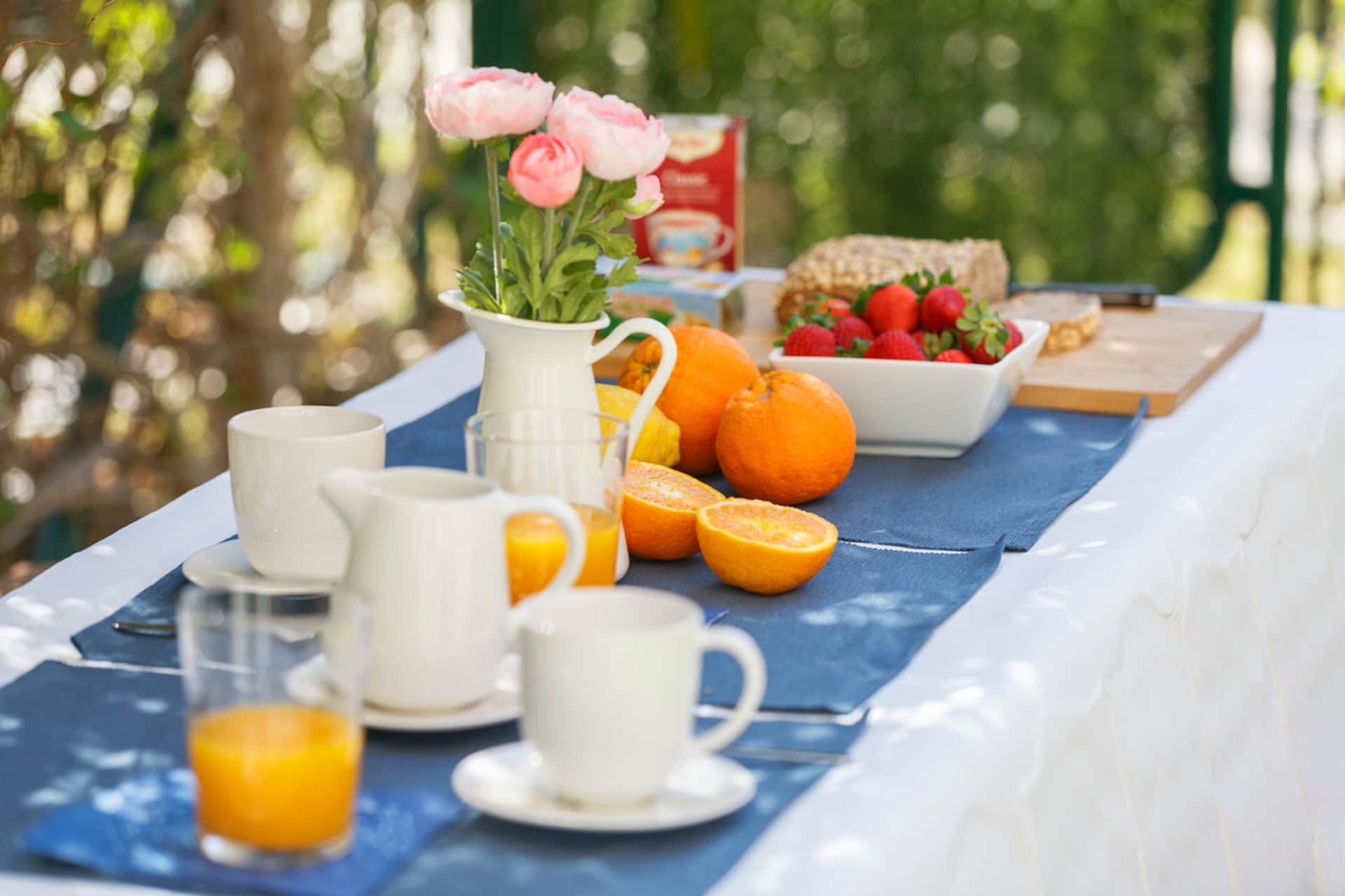 Mesa exterior con desayuno de fruta fresca, zumo y pan sobre un camino de mesa azul.